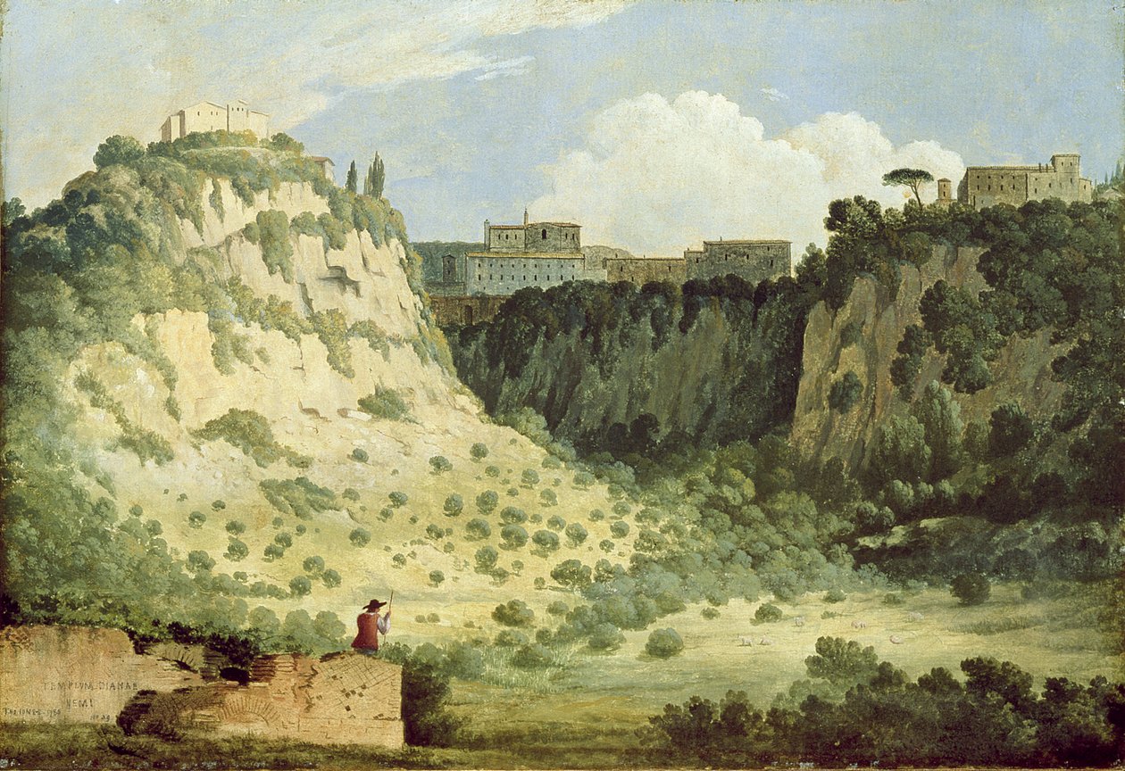 Veduta del Tempio di Diana, Nemi, con un pastore in primo piano, 1785 da Thomas Jones