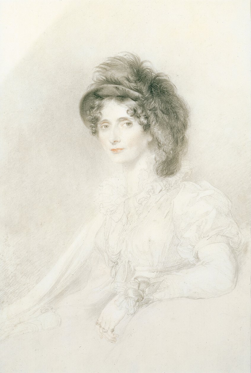 Ritratto di Elizabeth, Duchessa del Devonshire (1758-1824), seduta, mezzobusto, con un grande cappello piumato da Thomas Lawrence