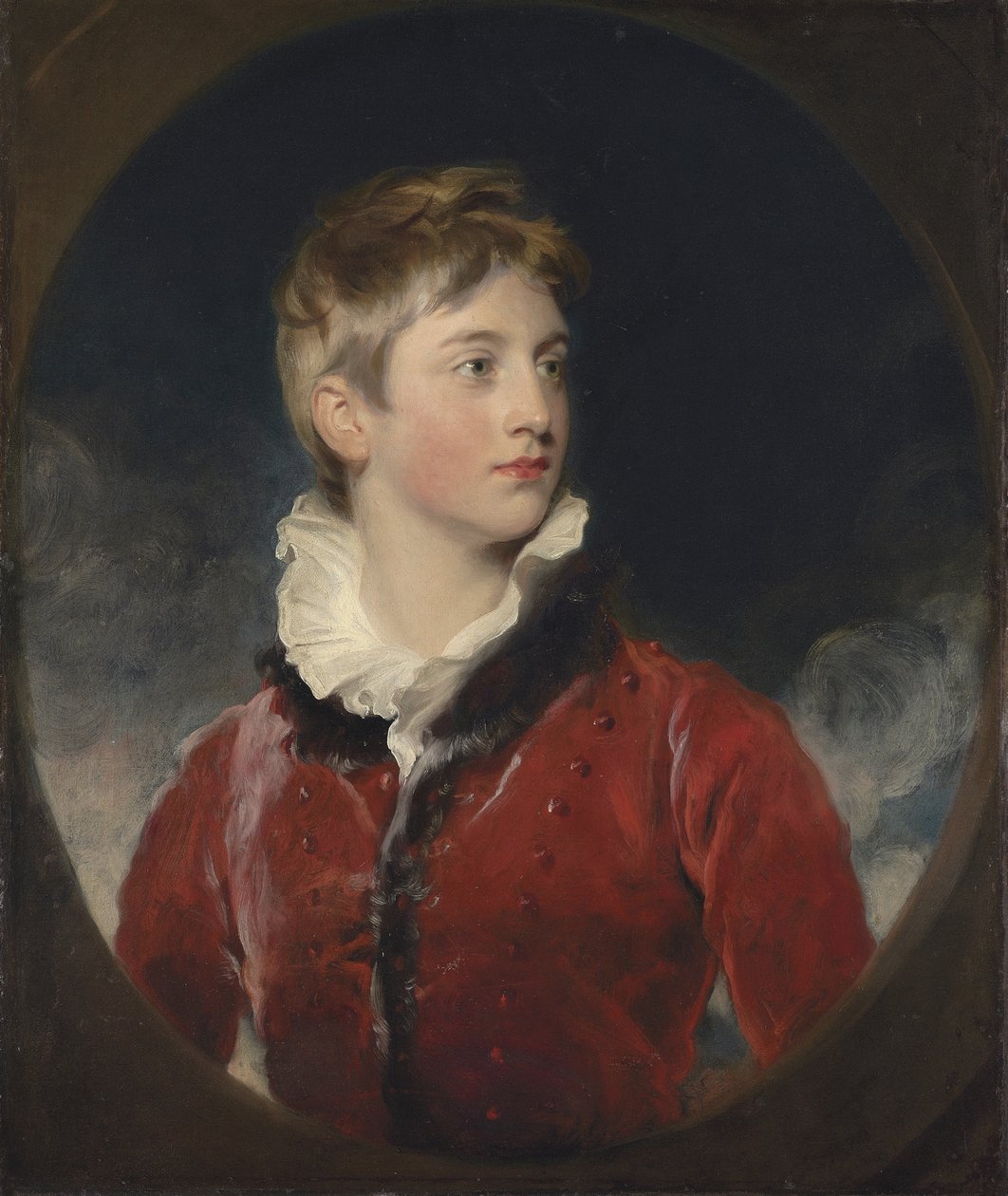 Ritratto di Frederick William Stewart, 4° Marchese di Londonderry, K.P., M.P. (1805-1872) da ragazzo, mezzo busto, in un cappotto rosso, in un ovale finto da Thomas Lawrence