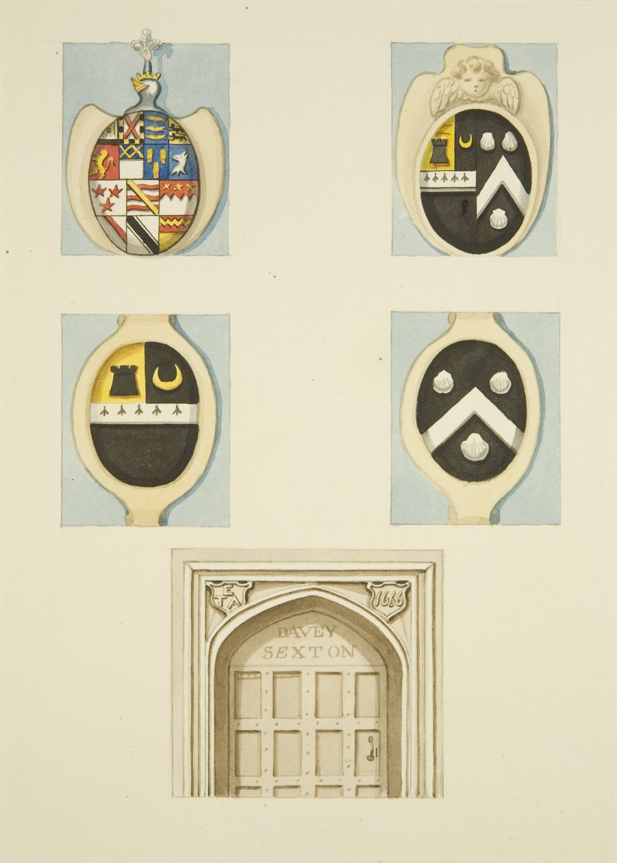 Stemmi e pennacchi sopra la porta della Casa del Sagrestano a Whitson Court da Thomas Leeson the Elder Rowbotham