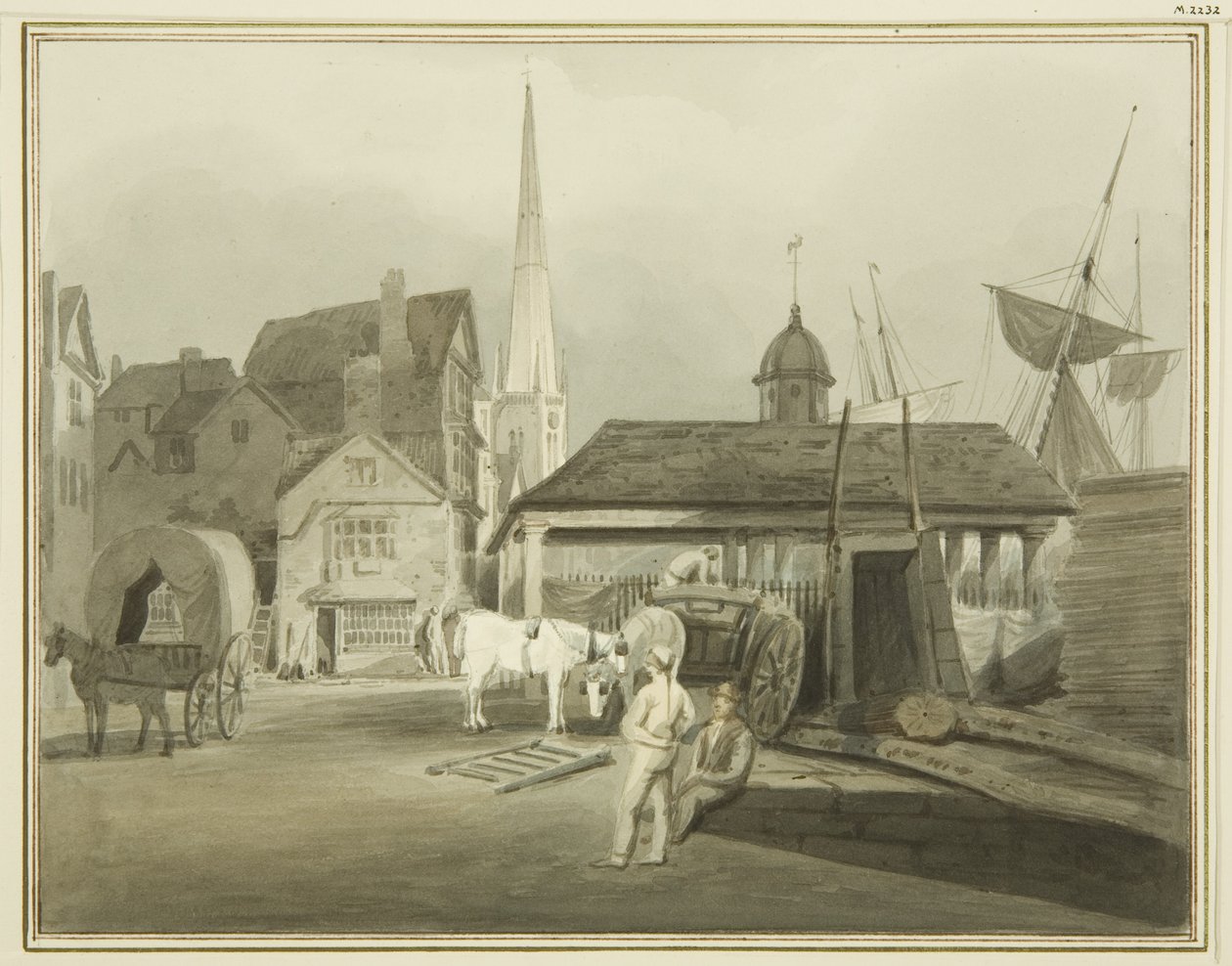 Estremità nord-est di King Street, con il mercato gallese nel 1802 da Thomas Leeson the Elder Rowbotham