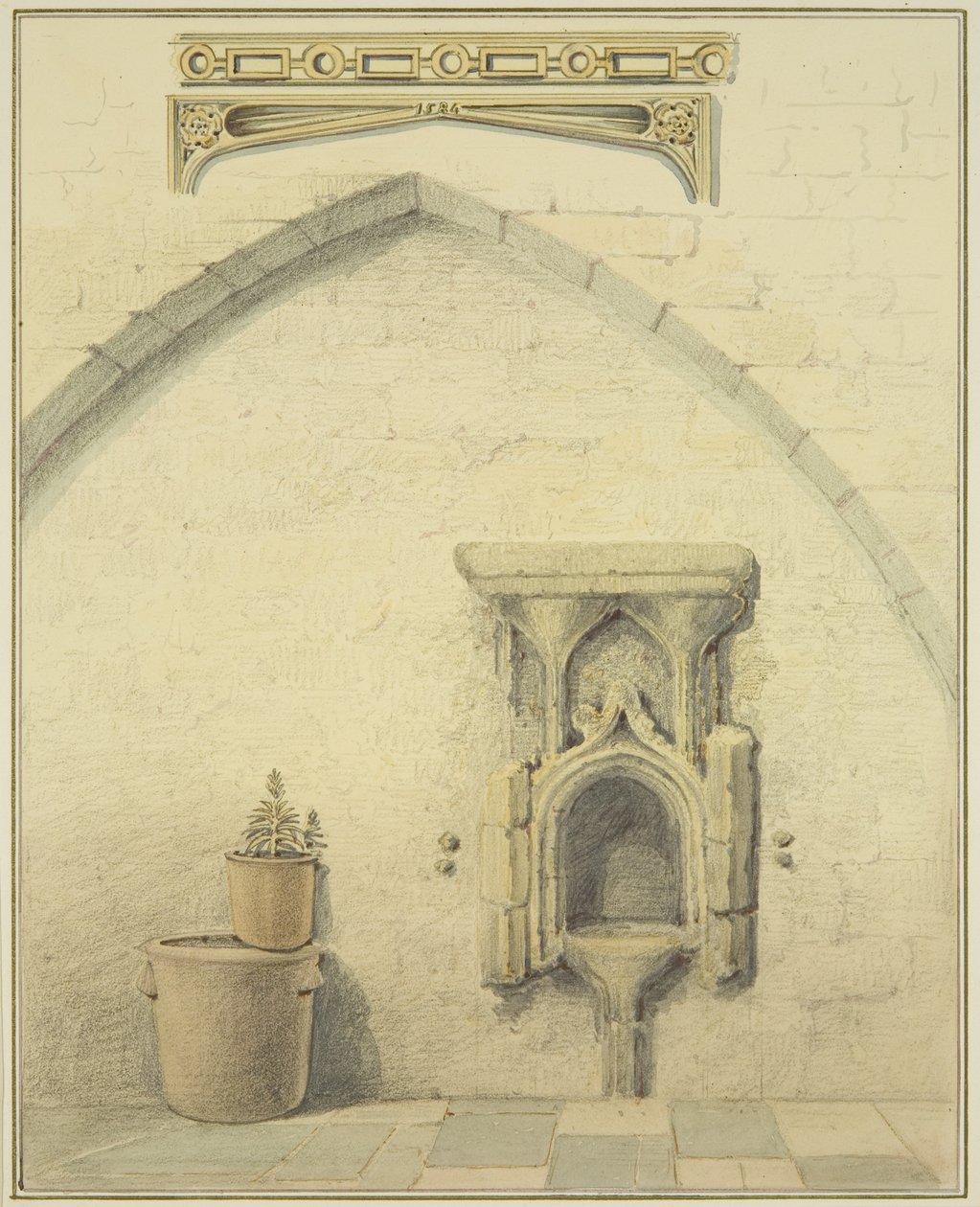 Piscina, fregio e spandrel nel cortile di 131 Temple Street da Thomas Leeson the Elder Rowbotham