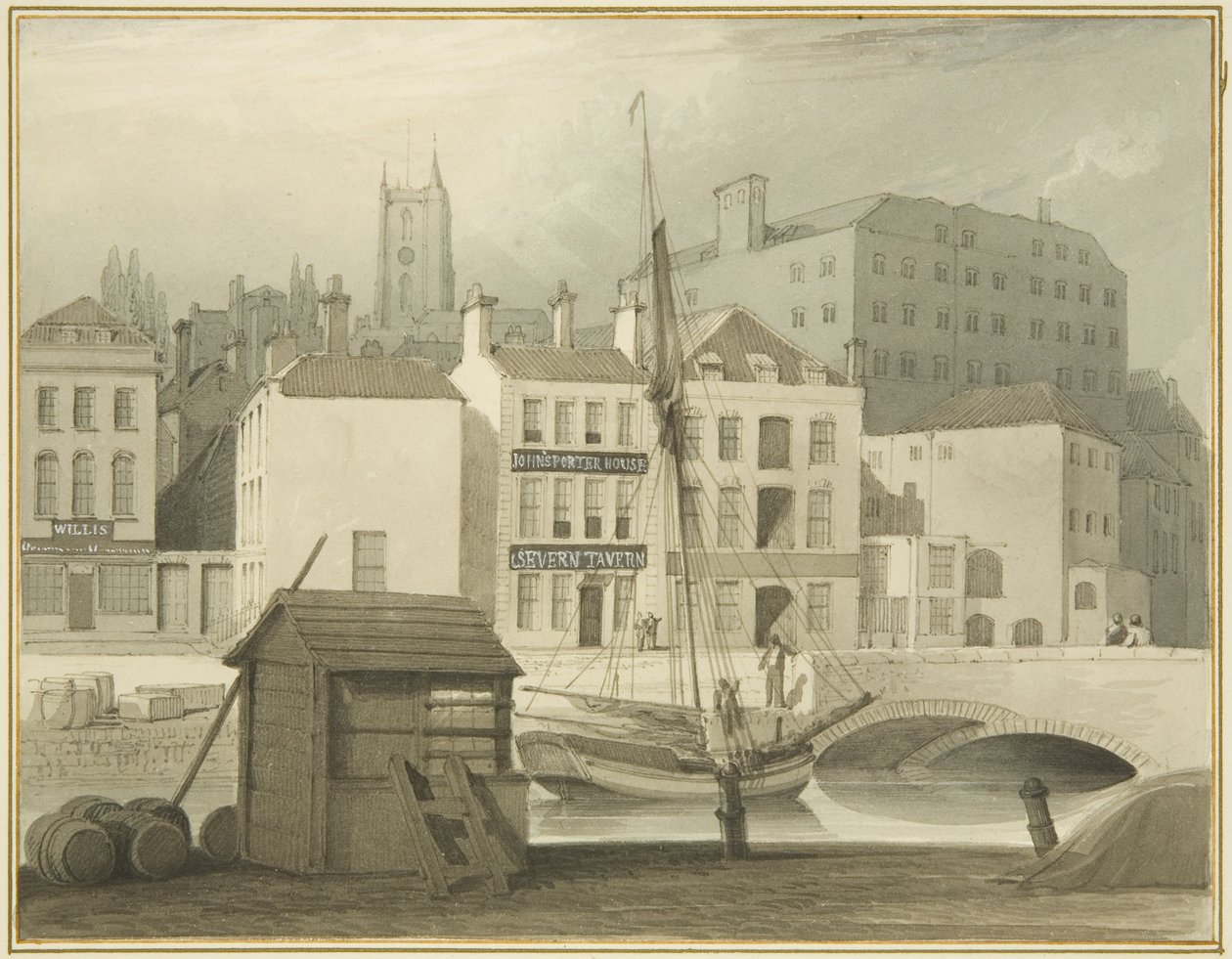 Il Ponte di Pietra alla Testa del Molo (San Giles), con la Fabbrica di Zucchero di Host Street da Thomas Leeson the Elder Rowbotham
