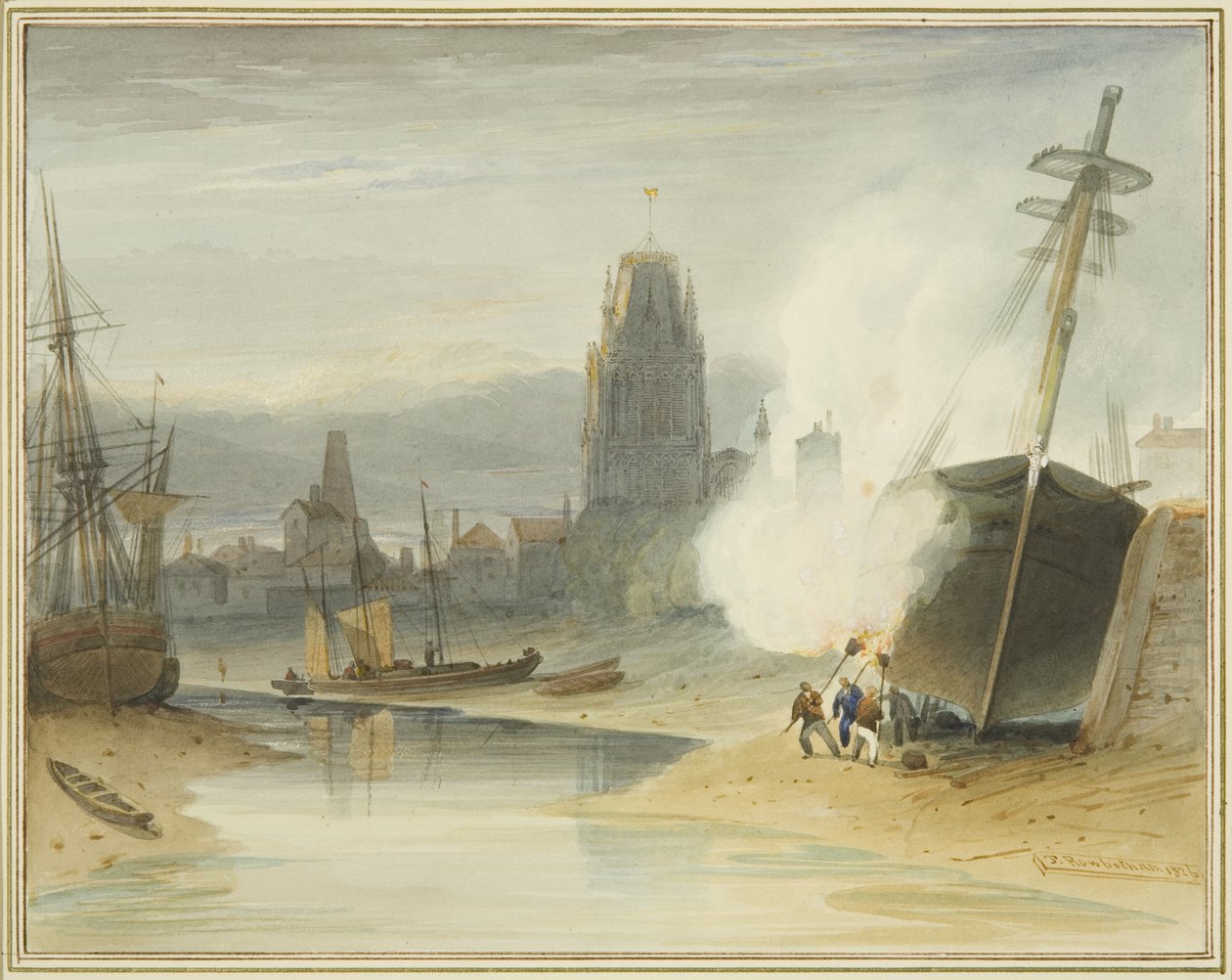 Vista di St Mary Redcliffe dal Gibb slip prima della formazione del Porto Galleggiante, mostrando anche la pulizia del fondo di una nave da Thomas Leeson the Elder Rowbotham