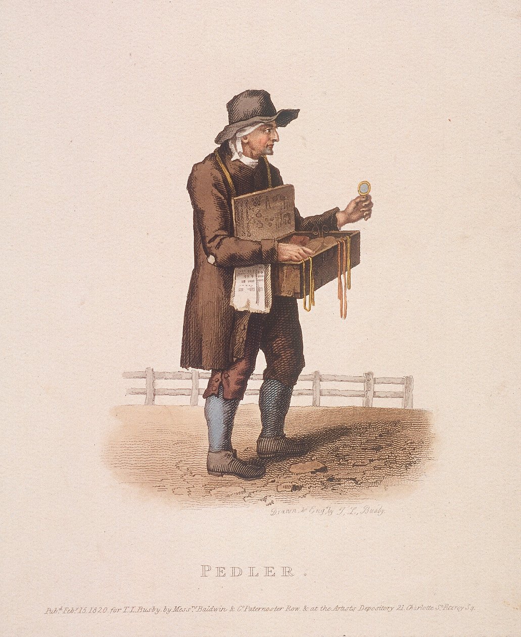 Venditore ambulante con la sua scatola di merci appesa al collo, 1820 da Thomas Lord Busby