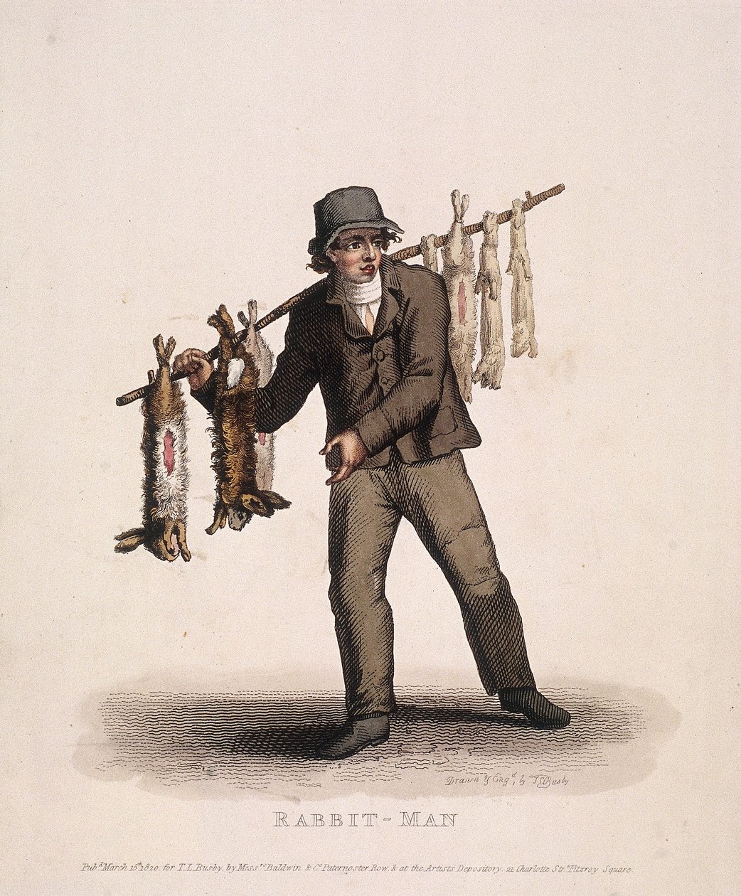 Venditore di conigli che porta un palo con conigli, 1820 da Thomas Lord Busby