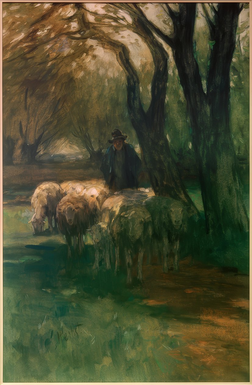 Gregge di pecore sotto gli alberi da Thomas Ludwig Herbst