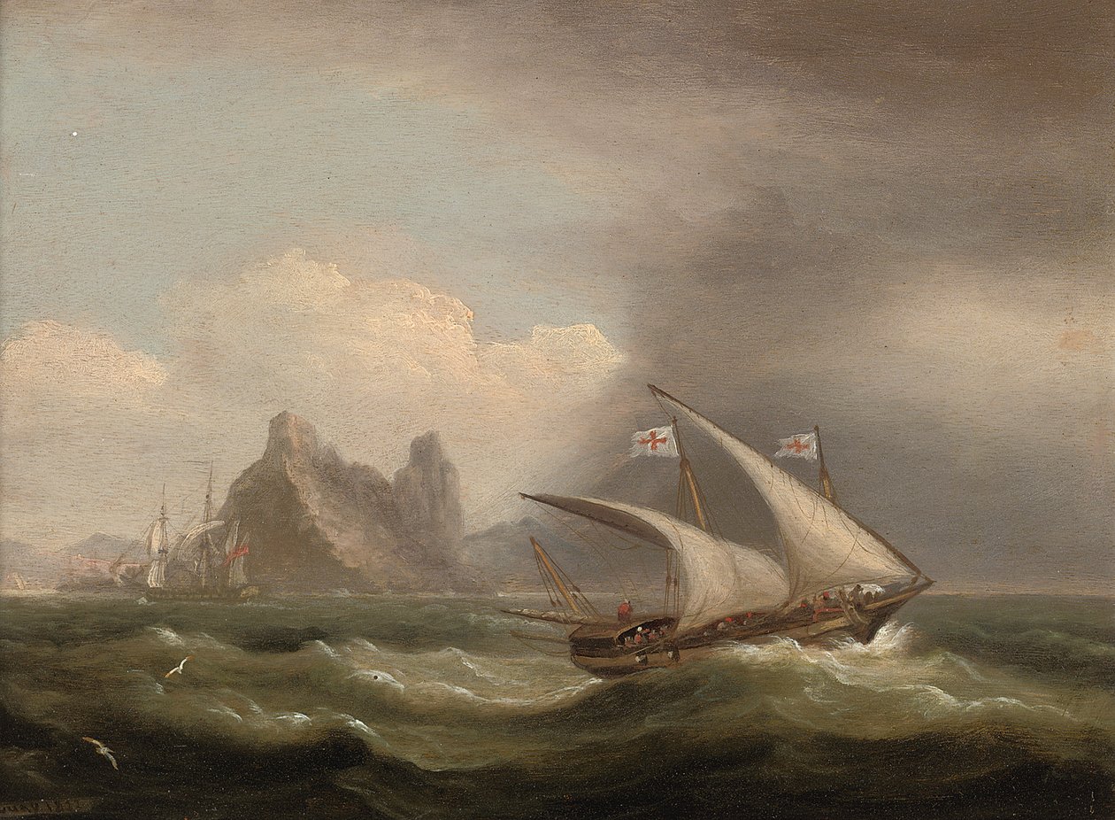 Un xebec armato nel Mediterraneo, una fregata britannica al suo poppa e che corre lungo una costa rocciosa, 1822 da Thomas Luny