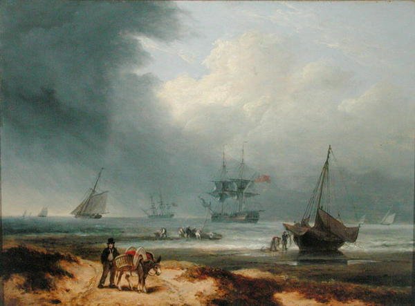 Navi in una baia ventosa con uomini che lavorano sulla riva da Thomas Luny
