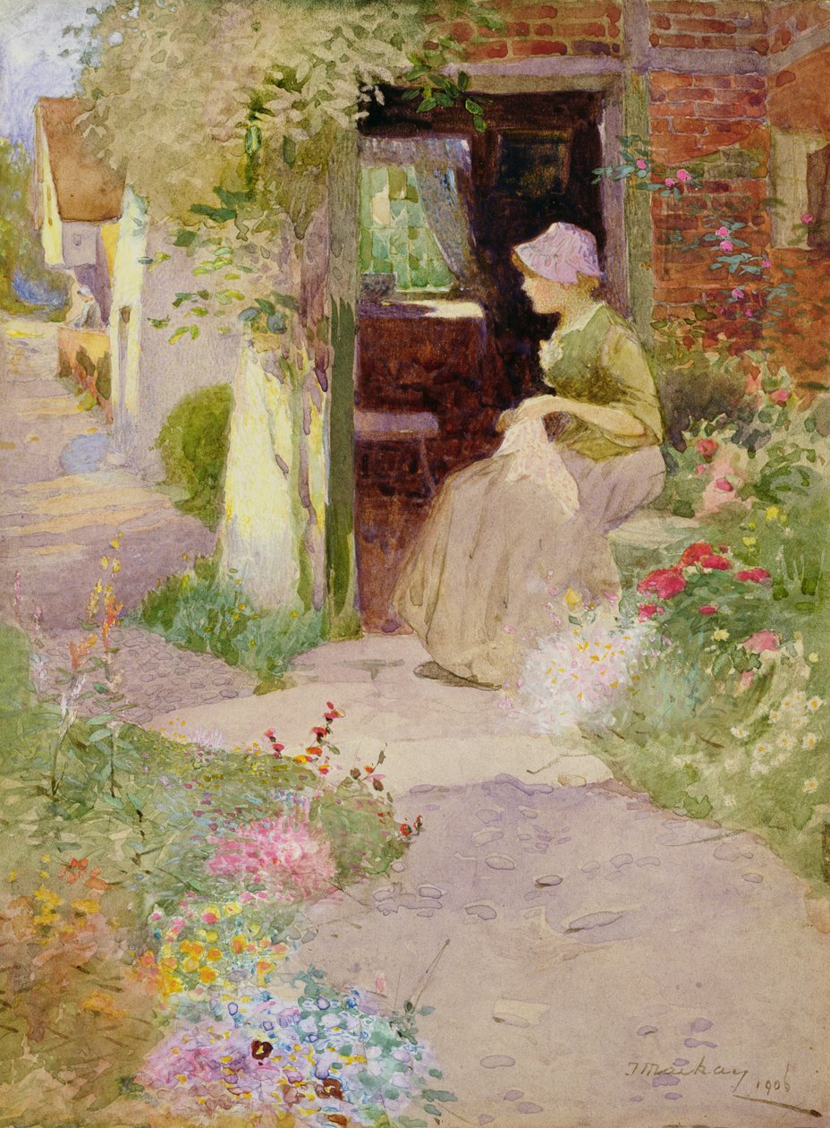 Una ragazza che cuce alla porta di un cottage da Thomas Mackay