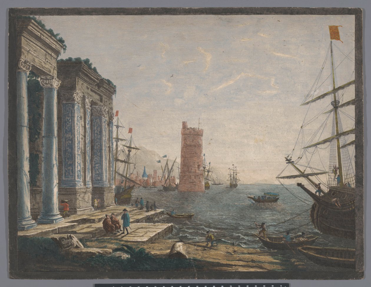 Veduta di un porto con navi e barche sull