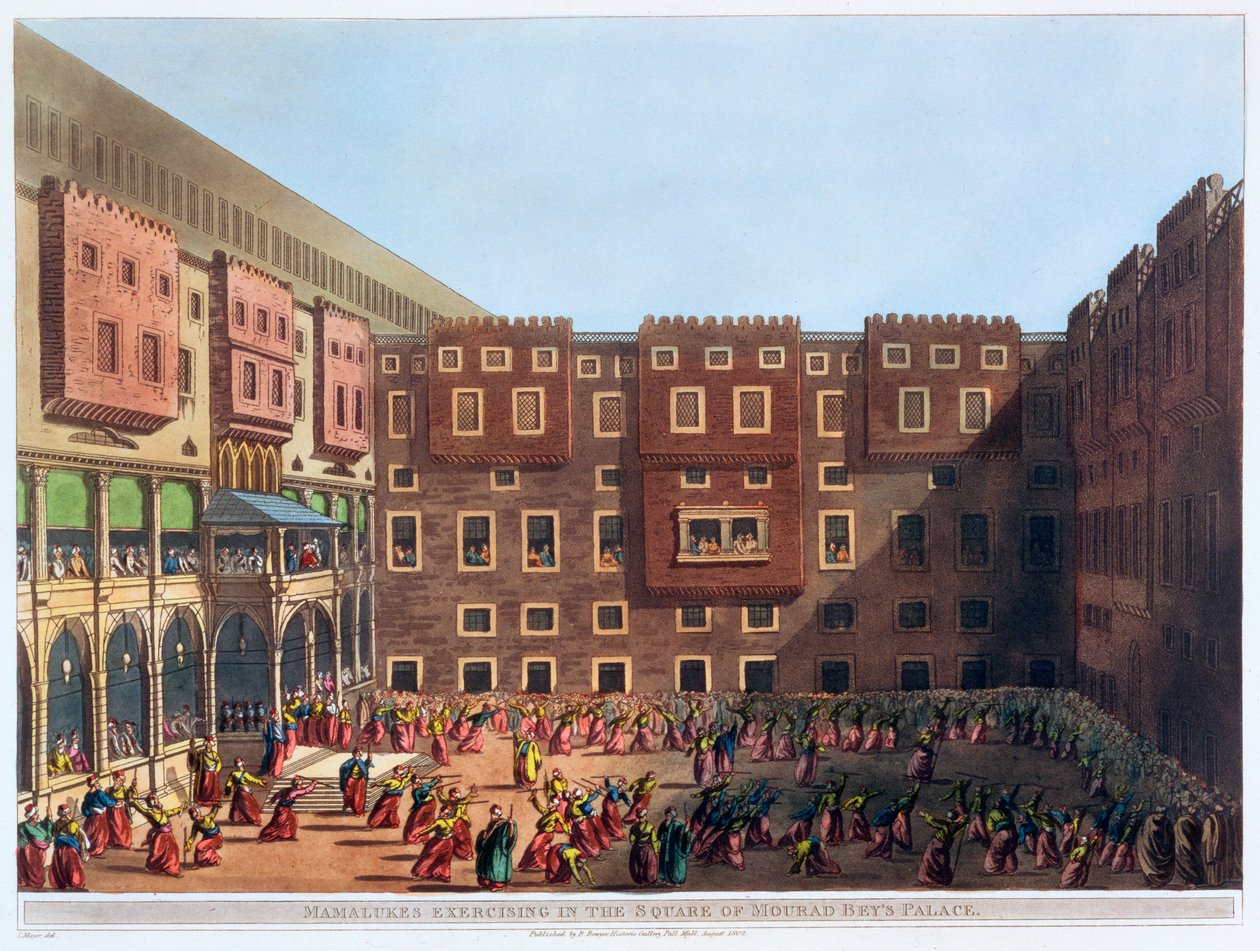 Mamelucchi che si esercitano nella piazza del palazzo di Mourad Bey, Il Cairo, Egitto da Thomas Milton