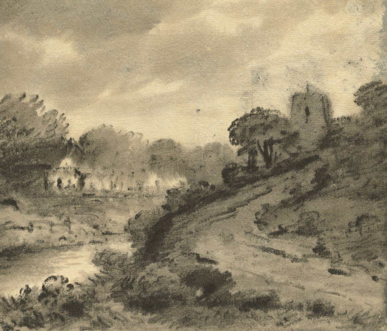 Paesaggio Fluviale Boschivo con una Roccia in Primo Piano a Sinistra, c.1800 da Thomas Monro