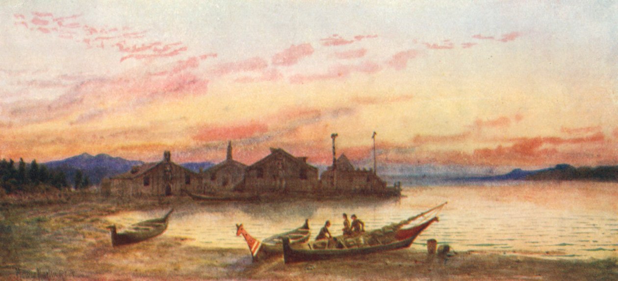 Villaggio Siwash, Costa del Pacifico (litografia a colori) da Thomas Mower Martin
