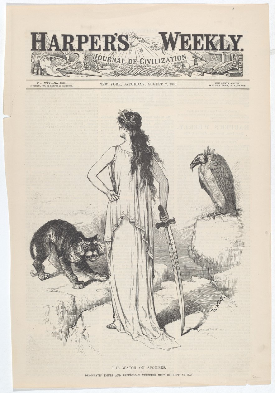 La guardia sugli spoiler. Le tigri democratiche e gli avvoltoi repubblicani devono essere tenuti a bada. da Thomas Nast
