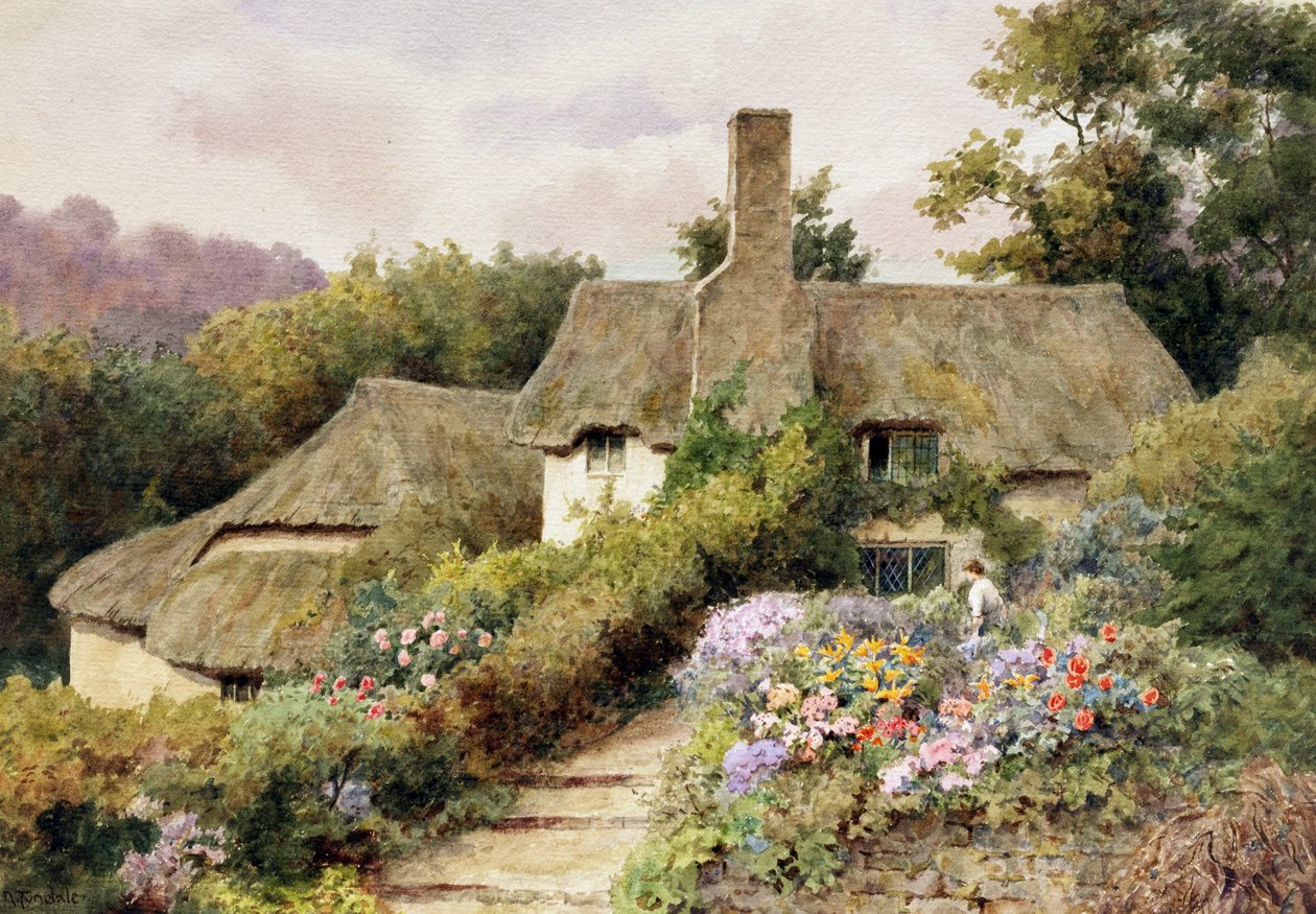 Un cottage a Selworthy, Somerset, Inghilterra. Una donna nel giardino di una casa di campagna inglese. Dipinto di Thomas Nicholson Tyndale (1860-1930, Regno Unito) Collezione privata da Thomas Nicholson Tyndale