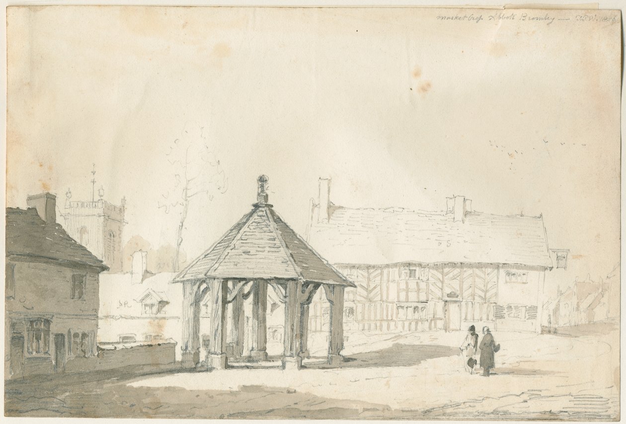 Abbots Bromley Tudor - Croce del mercato e casa: disegno a matita e lavaggio da Thomas Peploe Wood
