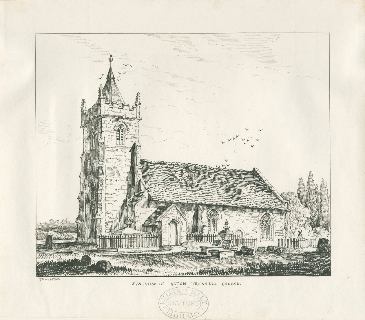 Chiesa di Acton Trussell (disegno a penna e inchiostro, 1838) da Thomas Peploe Wood