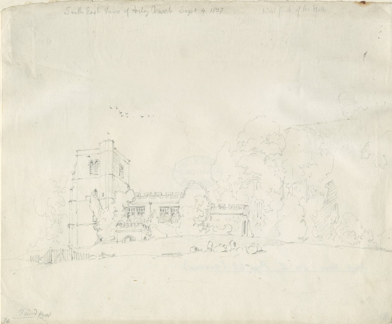 Chiesa di Arley: disegno a matita, 4 settembre 1837 da Thomas Peploe Wood