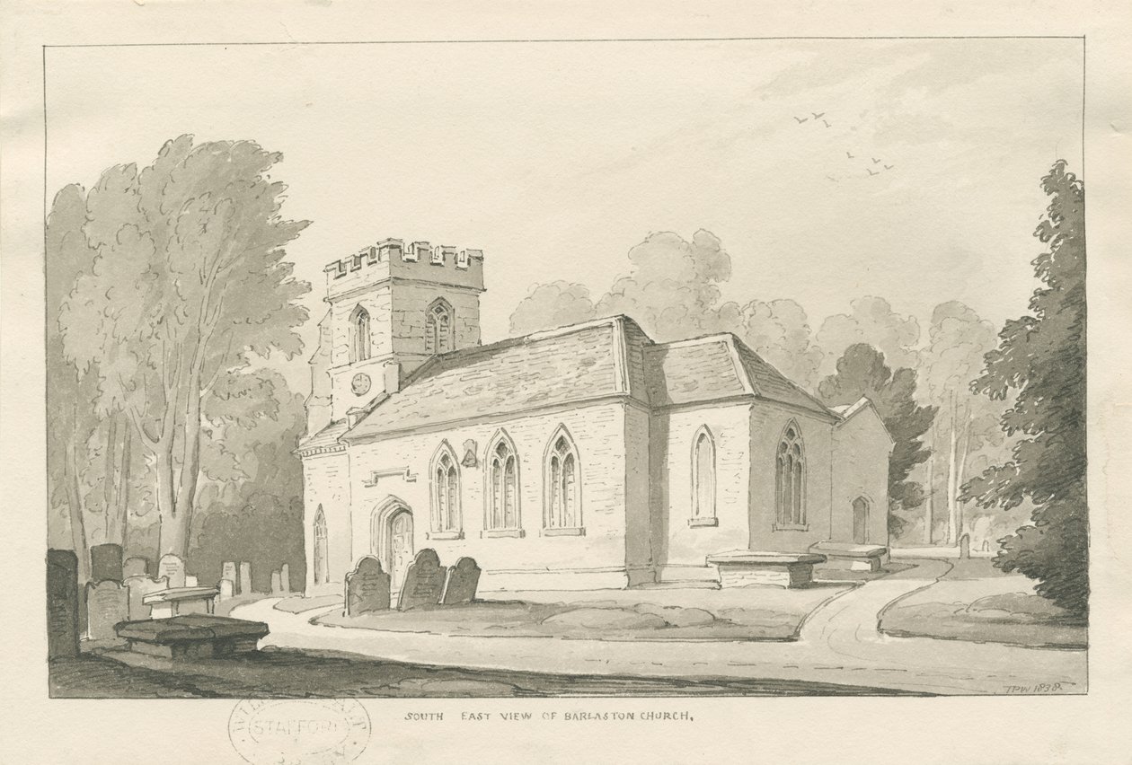 Chiesa di Barlaston: disegno a penna e lavaggio, 1838 da Thomas Peploe Wood