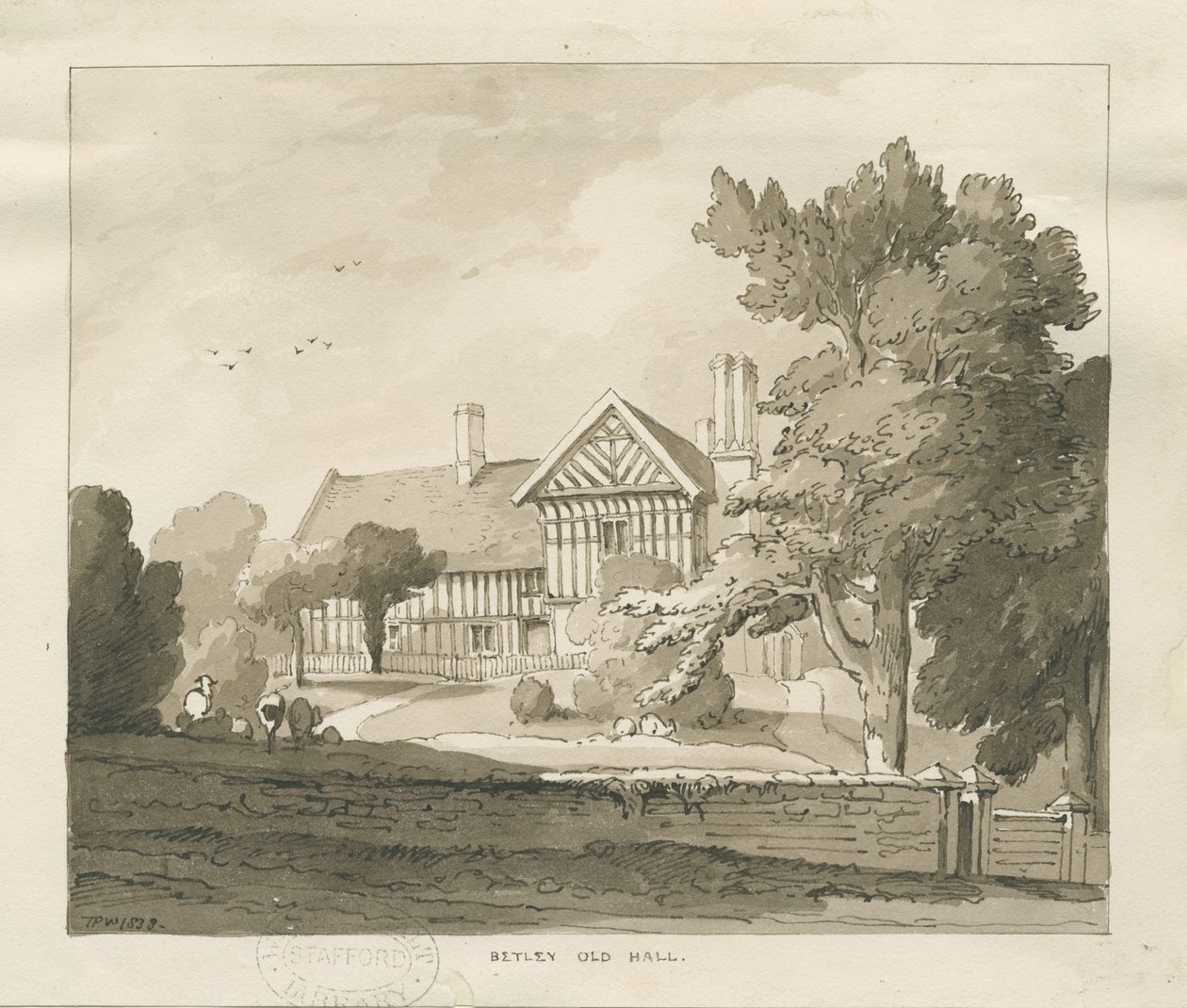 Vecchio Palazzo di Betley: disegno a seppia, 1838 da Thomas Peploe Wood