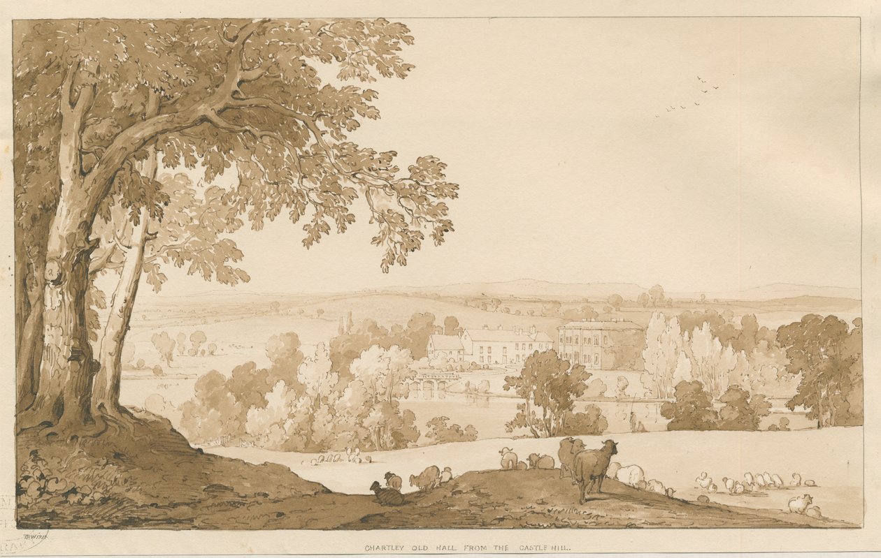 Chartley Hall: disegno seppia, 1837 da Thomas Peploe Wood