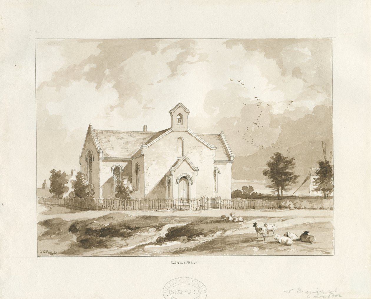 Chiesa di Gentleshaw: disegno a seppia da Thomas Peploe Wood