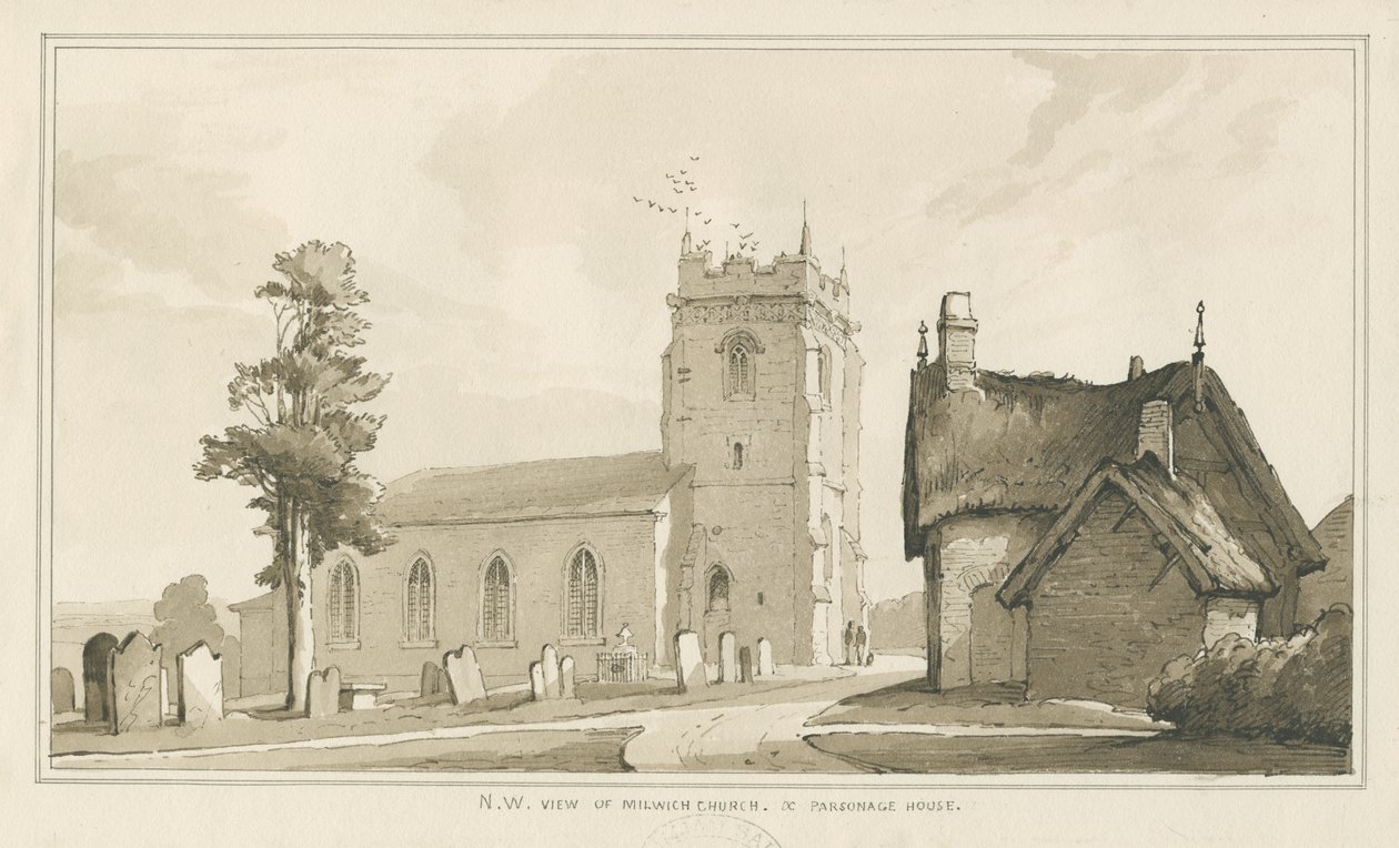 Chiesa e canonica di Milwich: disegno a penna e lavaggio da Thomas Peploe Wood