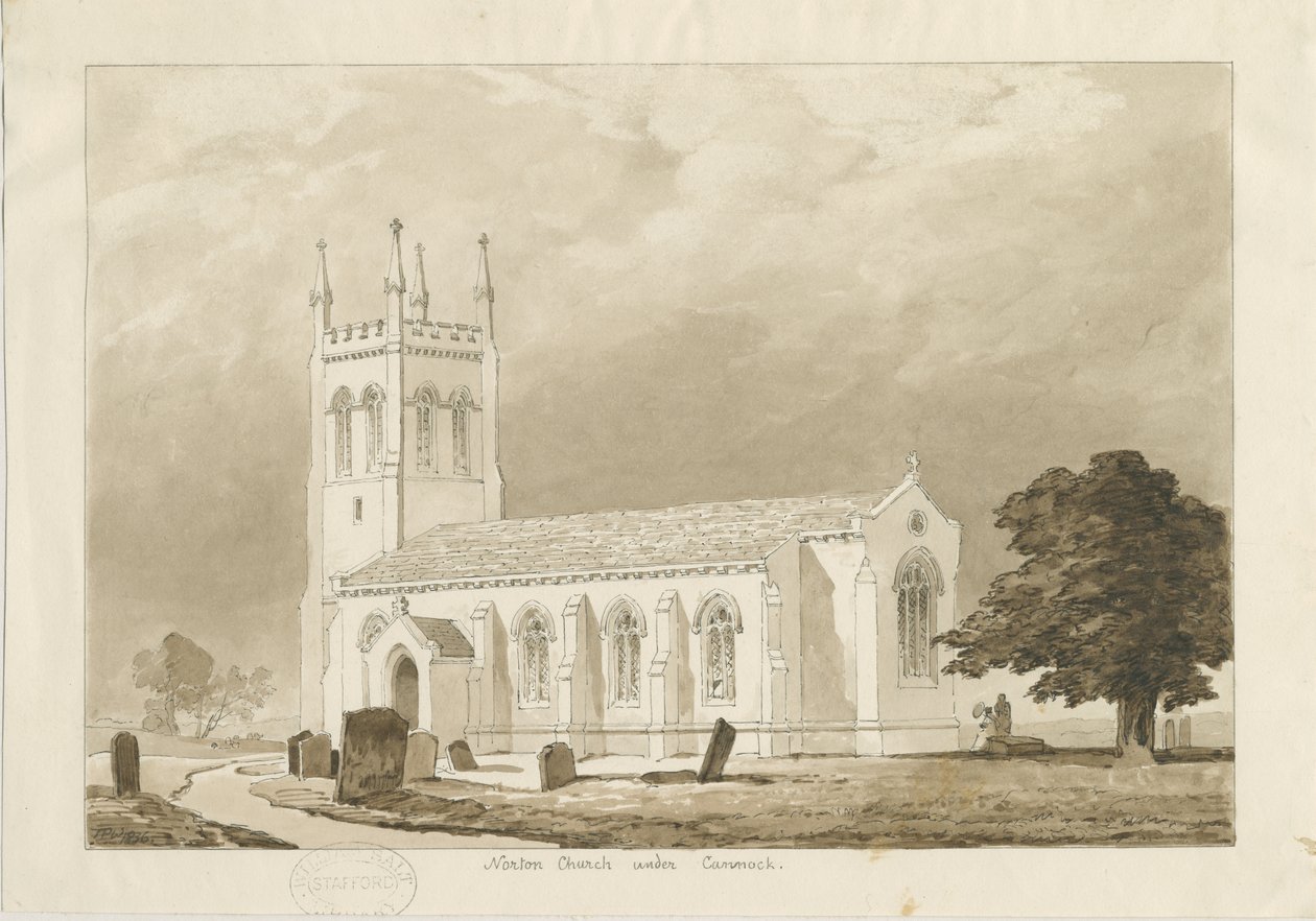 Chiesa di Norton Canes: disegno a lavaggio di seppia da Thomas Peploe Wood