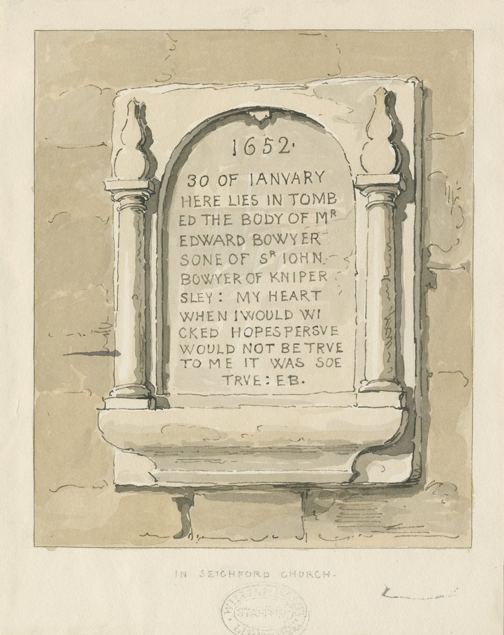 Chiesa di Seighford - Tavoletta di pietra per Edward Bowyer da Thomas Peploe Wood