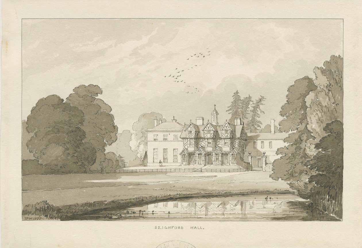 Seighford Hall: disegno a lavaggio di seppia da Thomas Peploe Wood