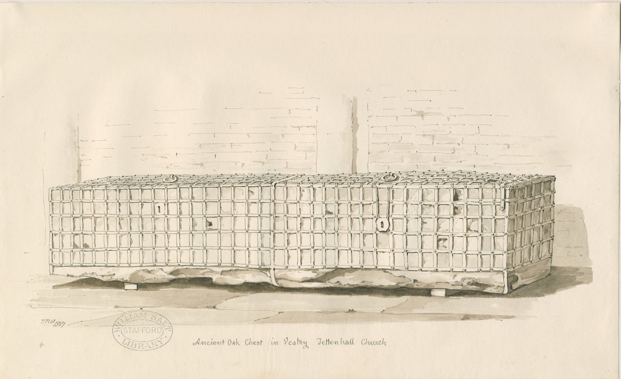Tettenhall - Antico baule di quercia: disegno a penna e seppia da Thomas Peploe Wood