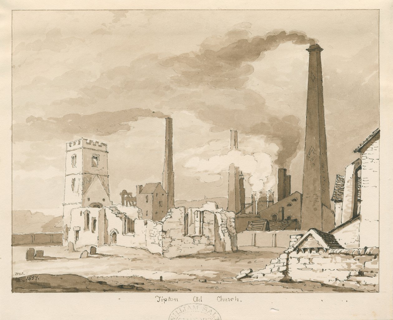 Tipton Old Church: disegno a lavaggio seppia, 1837 da Thomas Peploe Wood