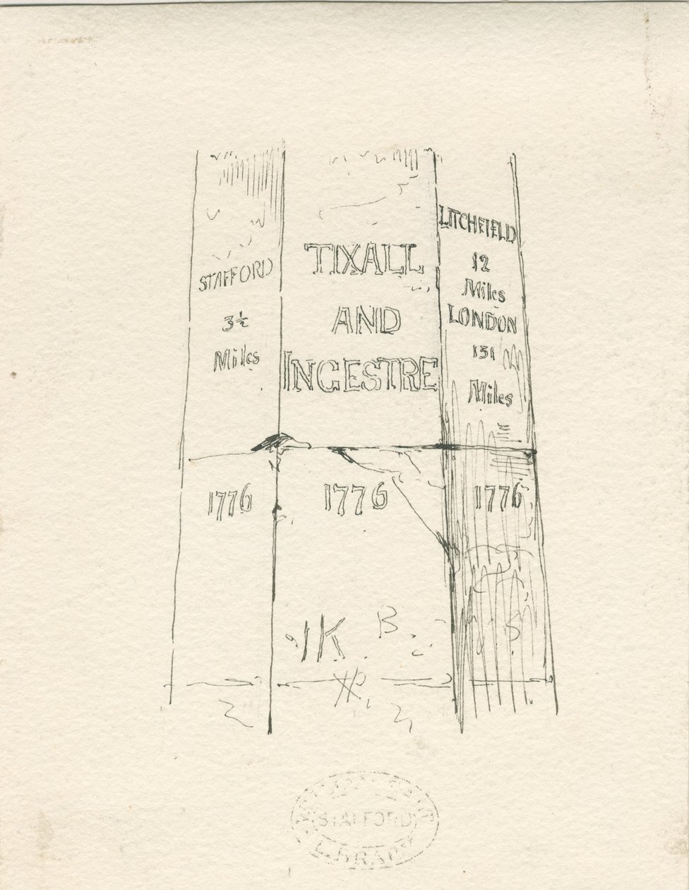Tixall - Pilastro di pietra che mostra le distanze da Thomas Peploe Wood