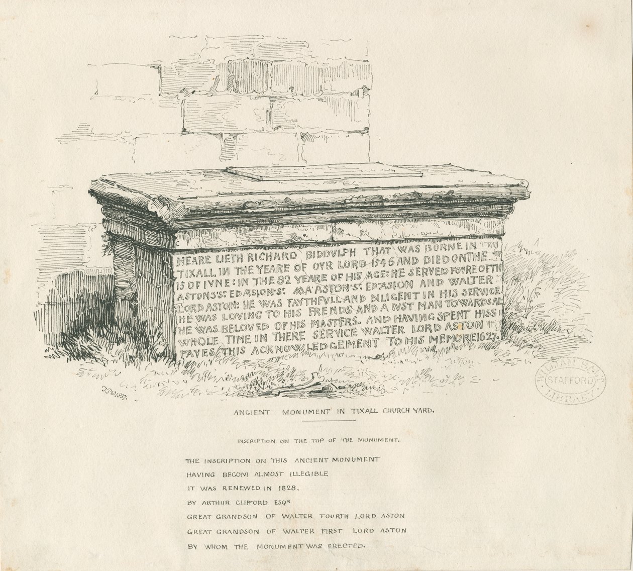 Tixall - Tomba a tavola nel cimitero della chiesa: disegno a penna e inchiostro da Thomas Peploe Wood