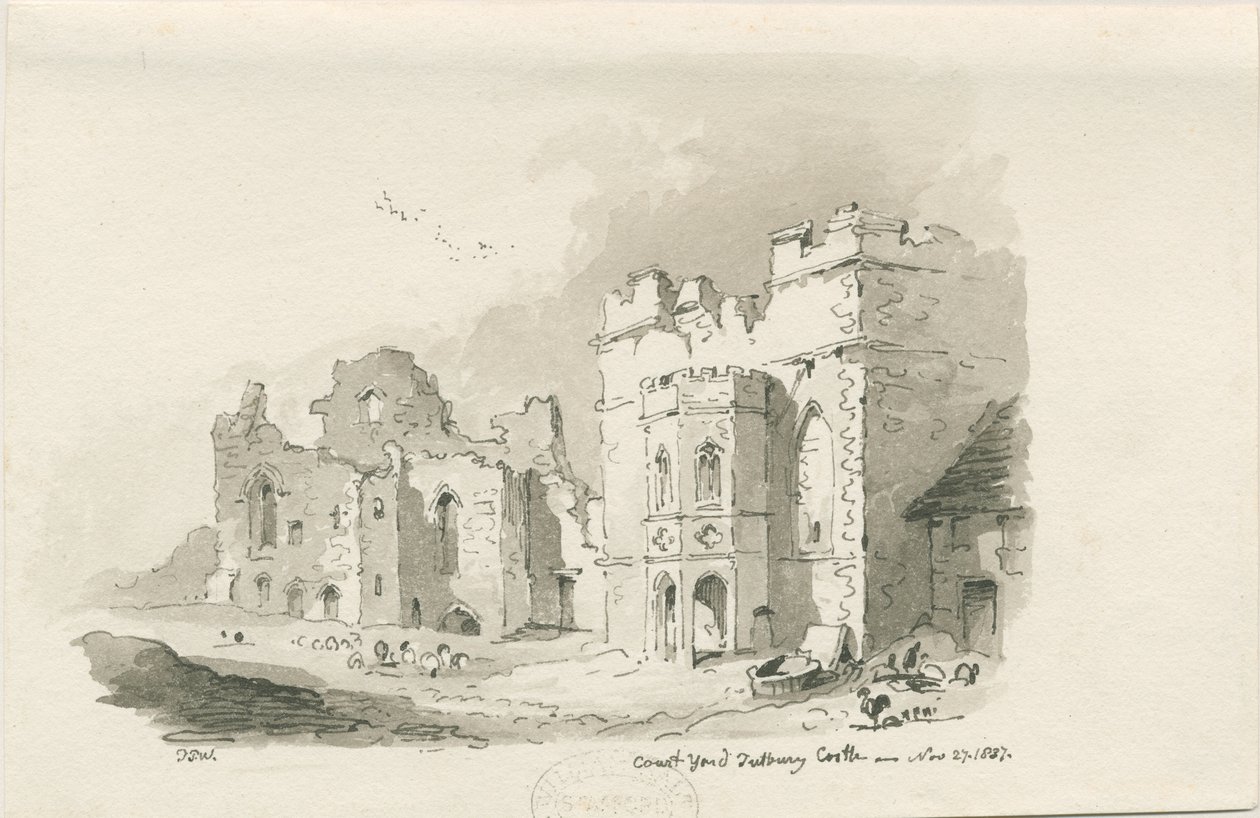 Castello di Tutbury - Cortile (disegno a penna e acquerello, 27 novembre 1837) da Thomas Peploe Wood