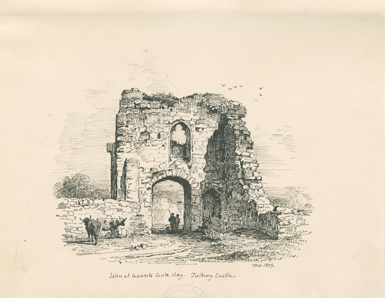 Castello di Tutbury - Porta di Giovanni di Gaunt: disegno a penna e inchiostro, 1839 da Thomas Peploe Wood