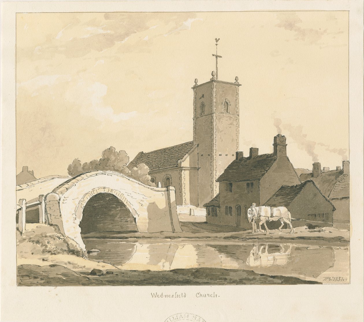 Wednesfield Church e Ponte: disegno a seppia, 1837 da Thomas Peploe Wood