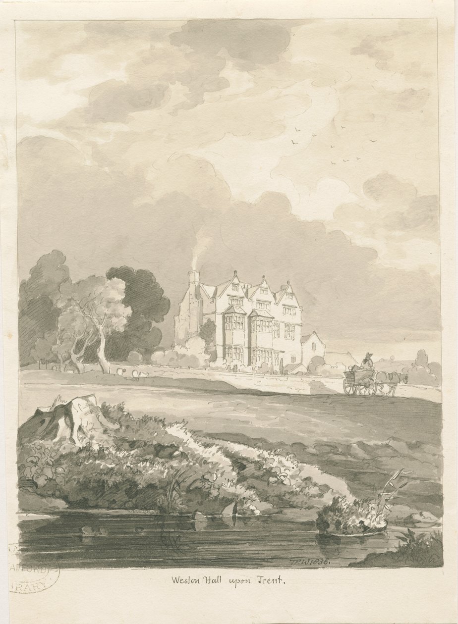 Weston-on-Trent - Hall: disegno a seppia da Thomas Peploe Wood