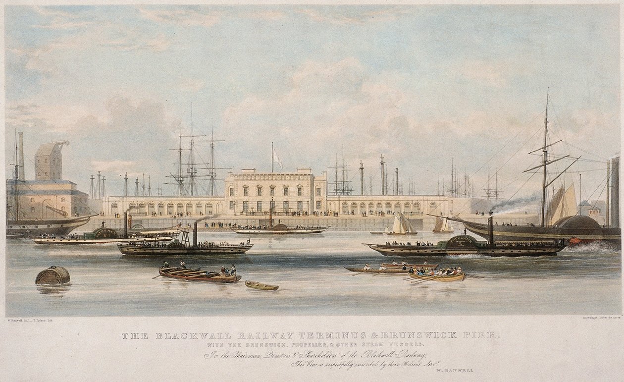 Il terminal ferroviario di Blackwall e il molo di Brunswick, Blackwall, Poplar, Londra, c. 1840 da Thomas Picken