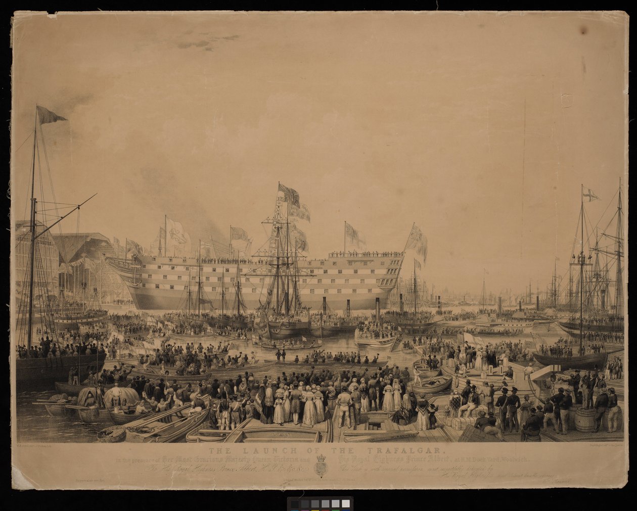 Il varo del Trafalgar, alla presenza di Sua Maestà la Regina Vittoria e Sua Altezza Reale il Principe Alberto, al cantiere navale di Woolwich da Thomas Picken