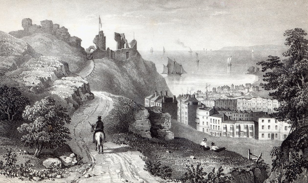 Castello di Hastings dalla piantagione del reverendo W. Wallinger, inciso da R. Martin da Thomas Ross
