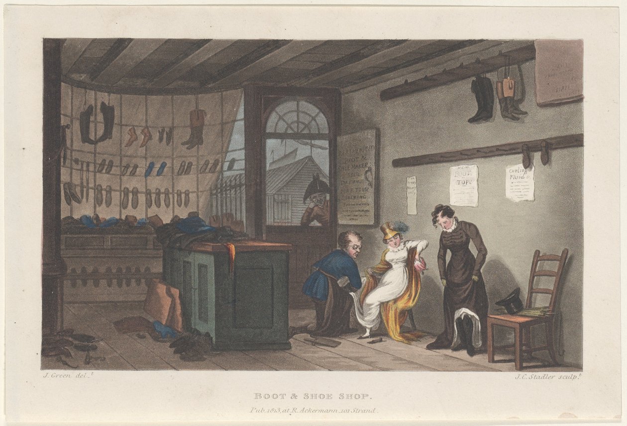 Negozio di stivali e scarpe, da Poetical Sketches of Scarborough, 1813 da Thomas Rowlandson, Joseph Constantine Stadler, J. Bluck
