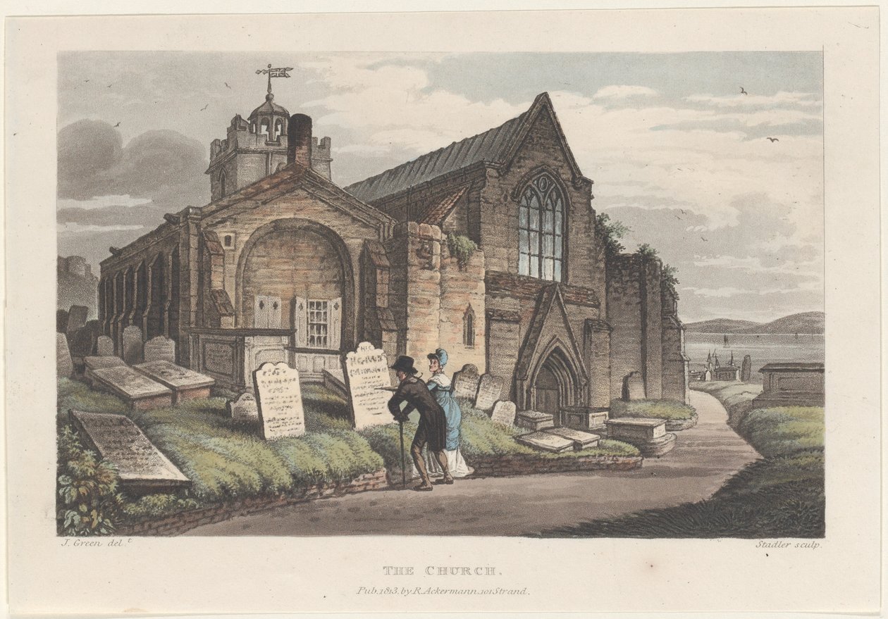 La chiesa, da Schizzi poetici di Scarborough, 1813 da Thomas Rowlandson, Joseph Constantine Stadler, J. Bluck