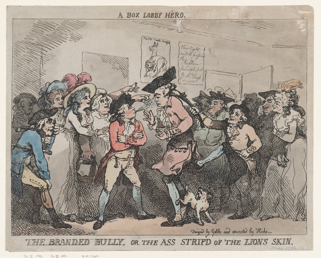 “Un eroe da sala d’attesa”, “Il bullo marchiato” o “L’asino spogliato della pelle di leone”. da Thomas Rowlandson