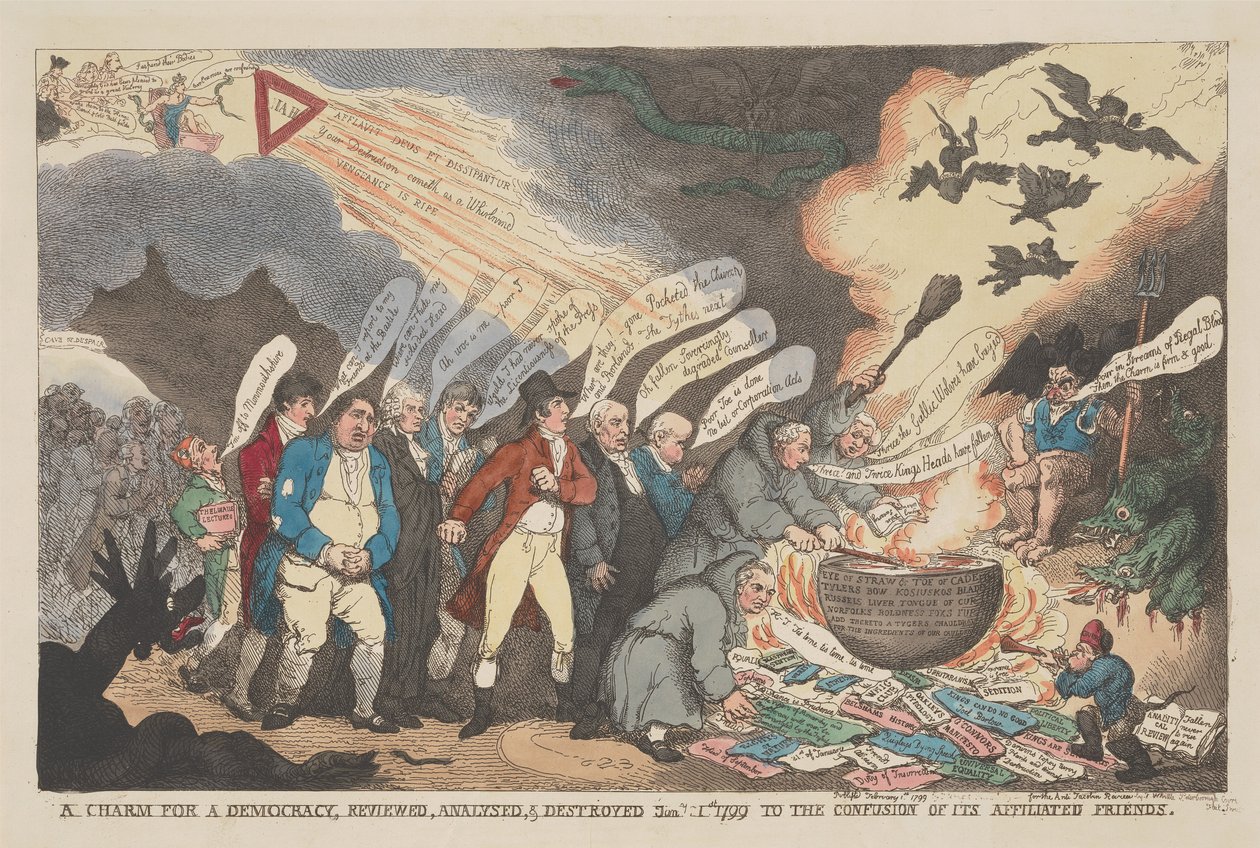 “Un incantesimo per la democrazia”, recensito, analizzato e smontato l’11 gennaio 1799, con grande sconcerto dei suoi sostenitori da Thomas Rowlandson