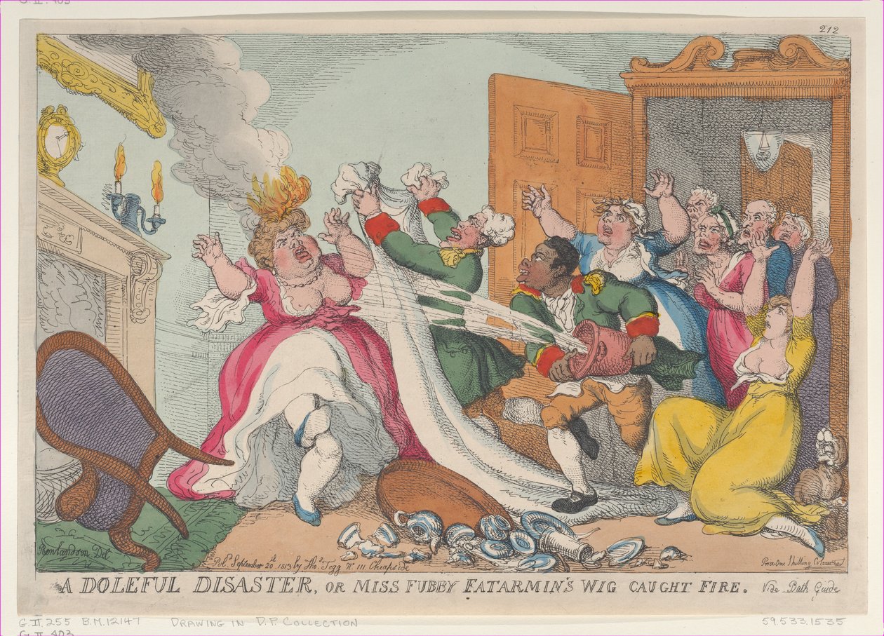 Un disastro doloroso, o la parrucca di Miss Fubby Fatarmin prende fuoco da Thomas Rowlandson