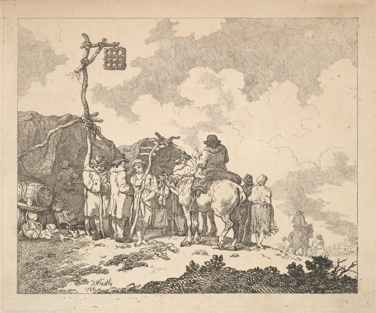 Una fiera - Un gruppo di zingari - Uomini e donne in abiti rustici davanti a due baracche da Thomas Rowlandson
