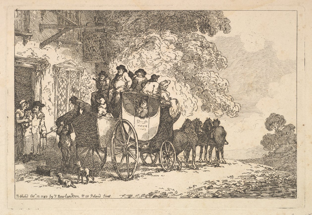 Una diligenza carica di bagagli davanti a una stazione di posta da Thomas Rowlandson