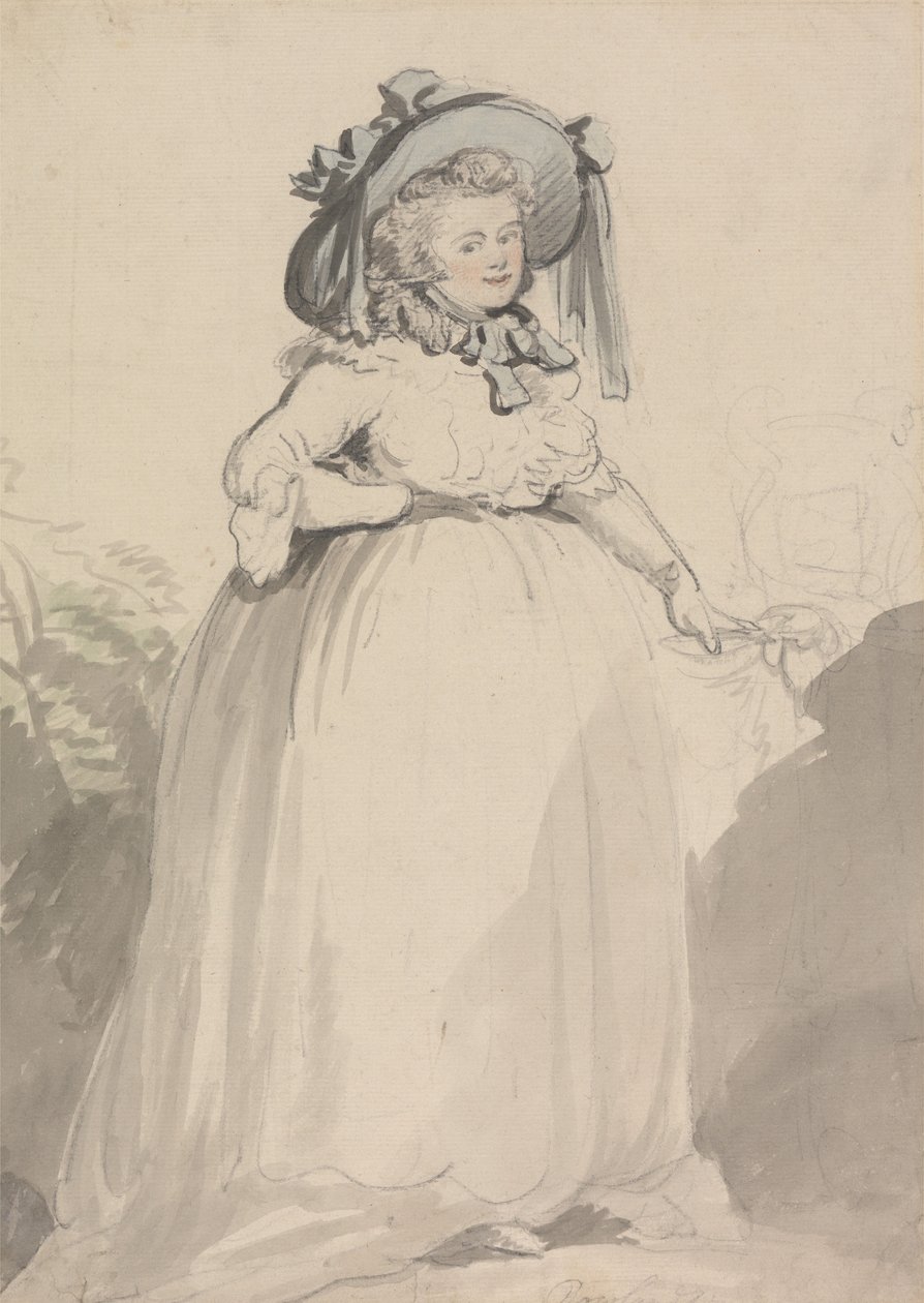 Una signora con un abito bianco e un cappello blu da Thomas Rowlandson